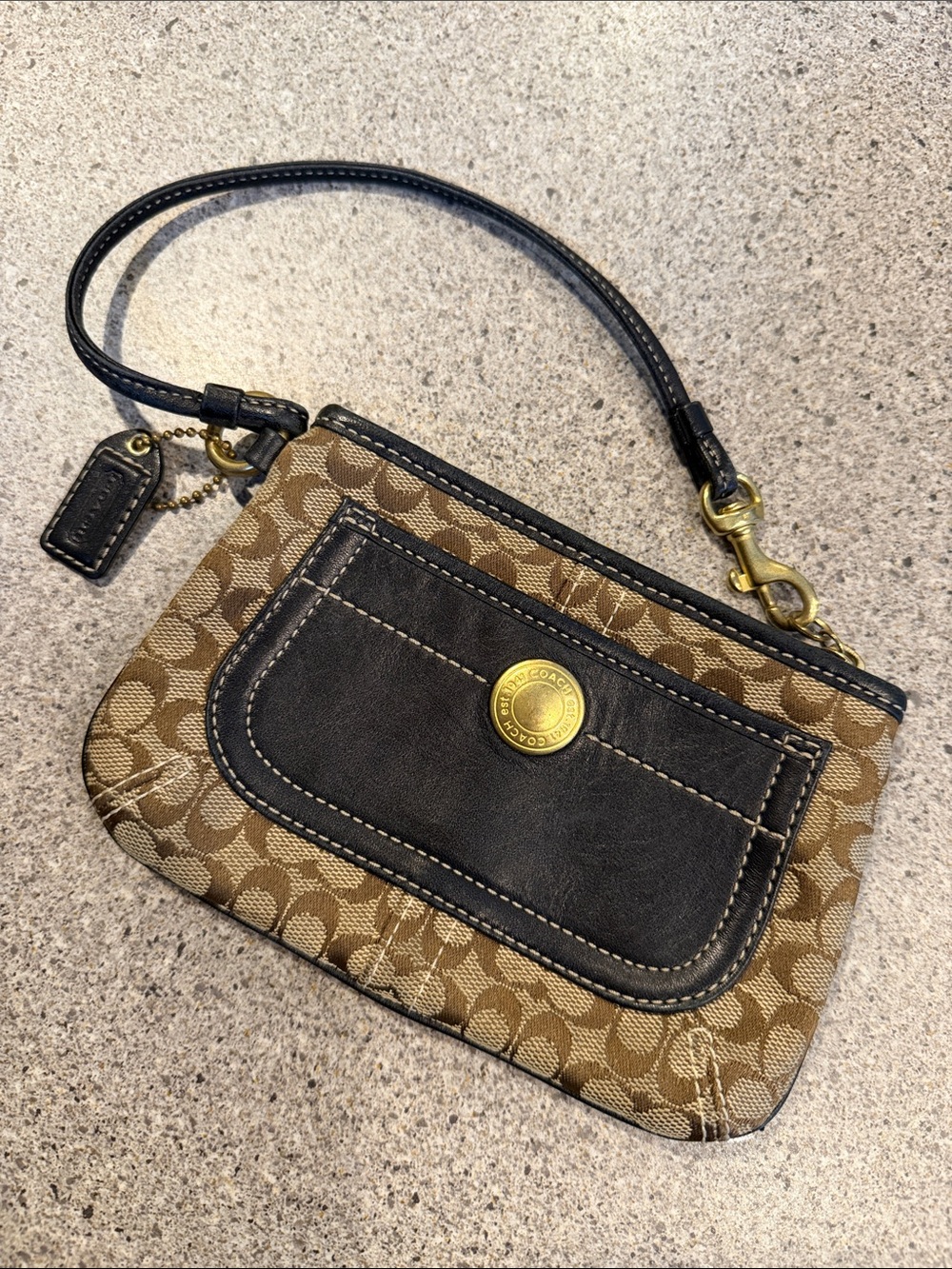 COACH Brown Signature Canvas Wristlet with Blackish/Brown Leather Trim